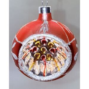 Vintage Christmas Ornament Mercury Glass Indent Ball Red Silver Stencil